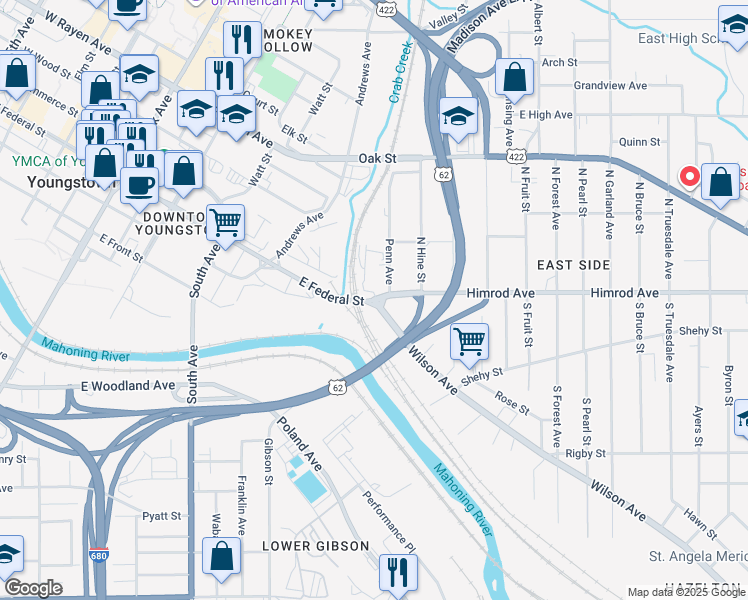 map of restaurants, bars, coffee shops, grocery stores, and more near Highway 289 in Youngstown