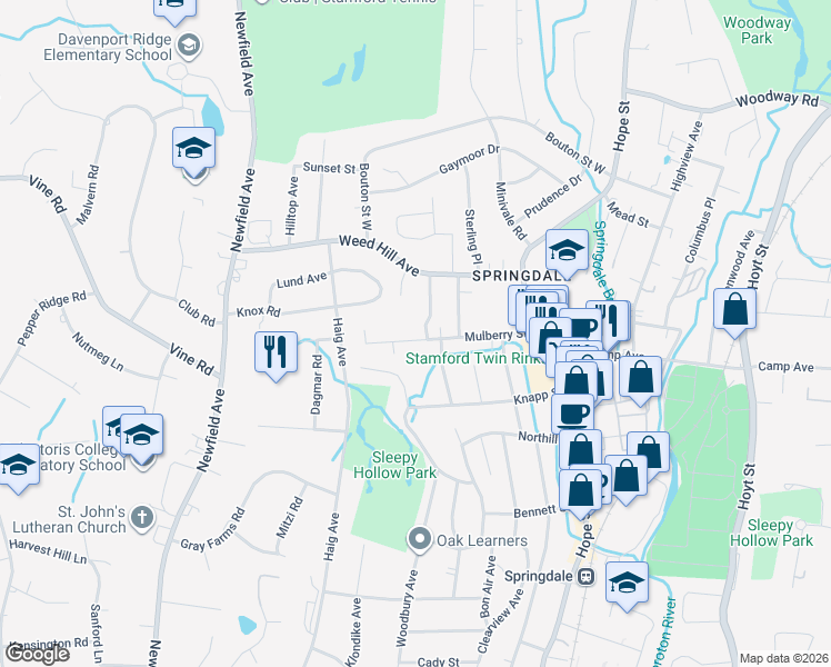 map of restaurants, bars, coffee shops, grocery stores, and more near 98 Mulberry Street in Stamford