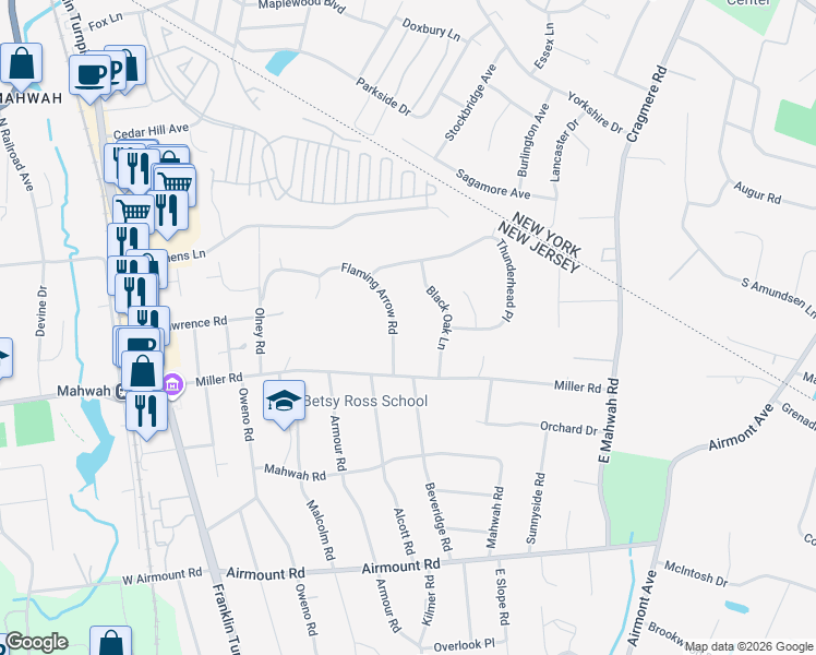 map of restaurants, bars, coffee shops, grocery stores, and more near 59 Flaming Arrow Road in Mahwah