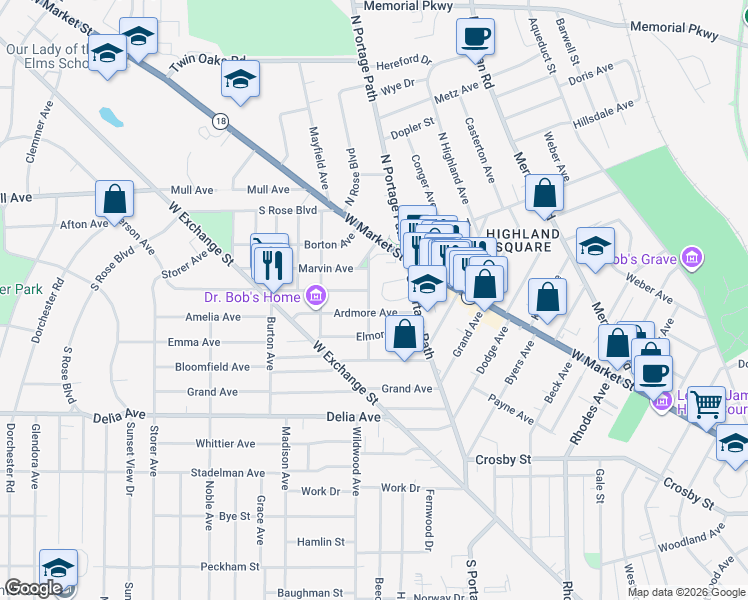 map of restaurants, bars, coffee shops, grocery stores, and more near 808 Ardmore Avenue in Akron