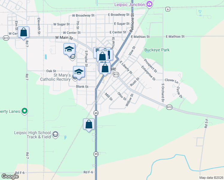 map of restaurants, bars, coffee shops, grocery stores, and more near 514 Ohio Street in Leipsic
