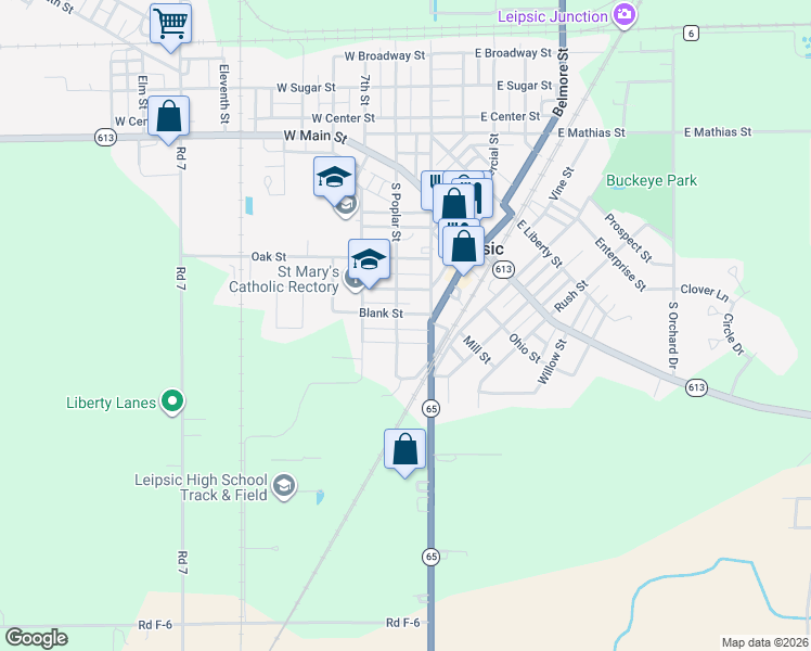 map of restaurants, bars, coffee shops, grocery stores, and more near 532 South Poplar Street in Leipsic