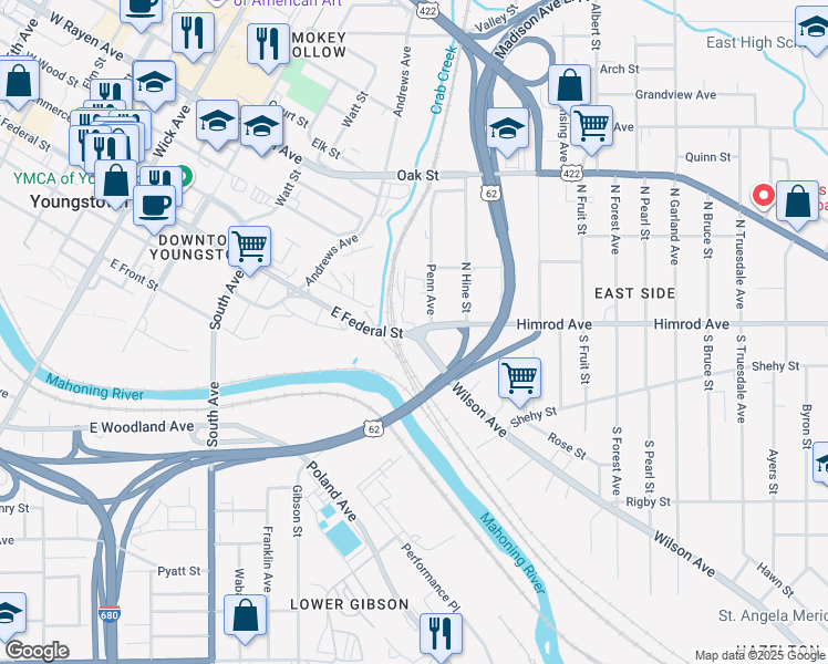 map of restaurants, bars, coffee shops, grocery stores, and more near Highway 289 in Youngstown