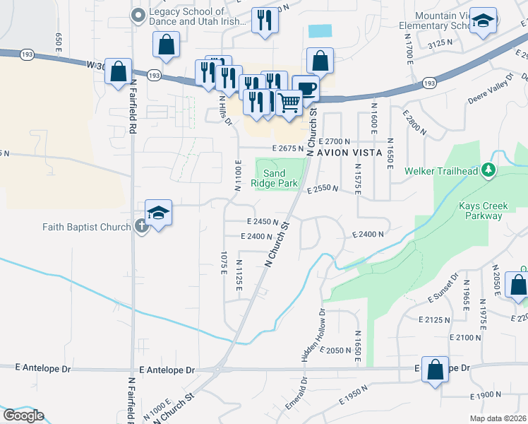 map of restaurants, bars, coffee shops, grocery stores, and more near 1204 East 2450 North in Layton