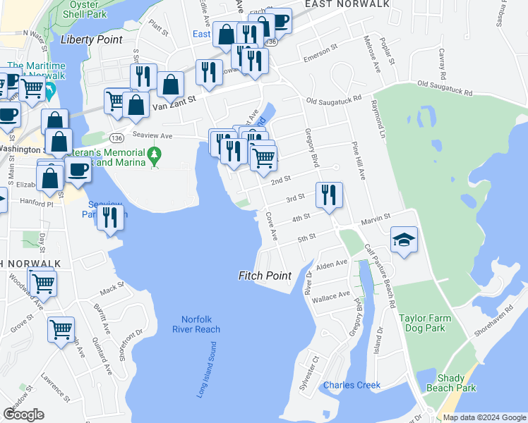 map of restaurants, bars, coffee shops, grocery stores, and more near 34 Cove Avenue in Norwalk