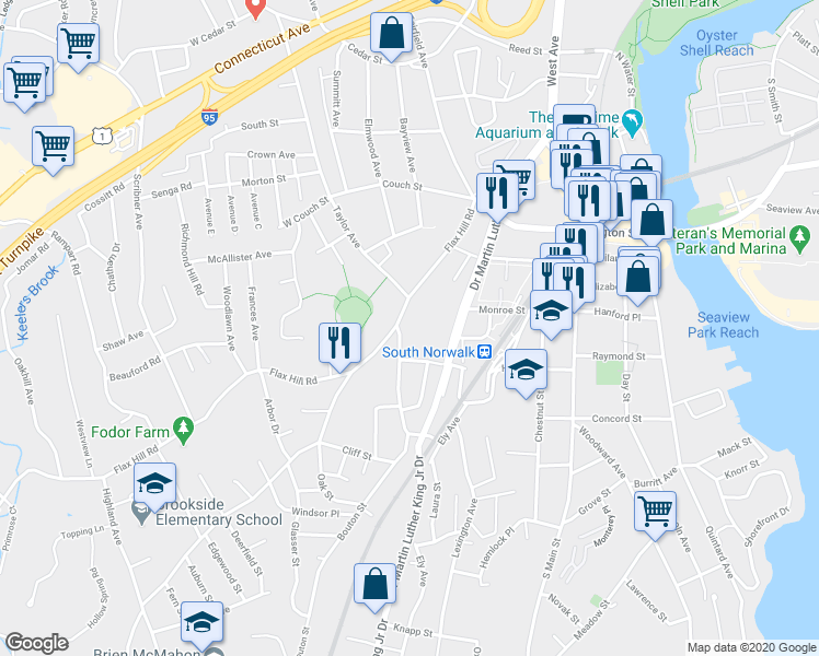 map of restaurants, bars, coffee shops, grocery stores, and more near 208 Flax Hill Road in Norwalk