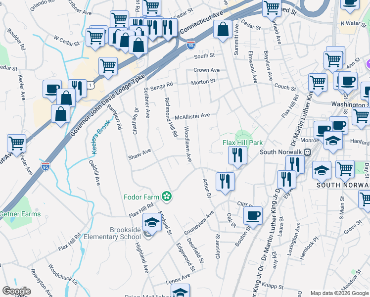 map of restaurants, bars, coffee shops, grocery stores, and more near 11 Woodlawn Avenue in Norwalk