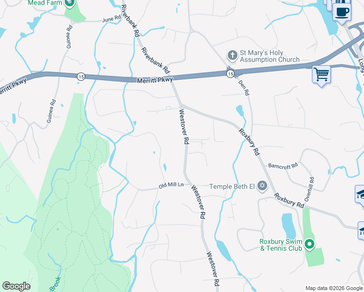 map of restaurants, bars, coffee shops, grocery stores, and more near 1225 Westover Road in Stamford