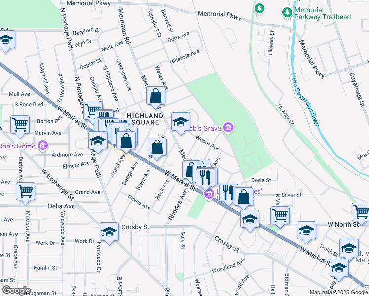 map of restaurants, bars, coffee shops, grocery stores, and more near in Akron