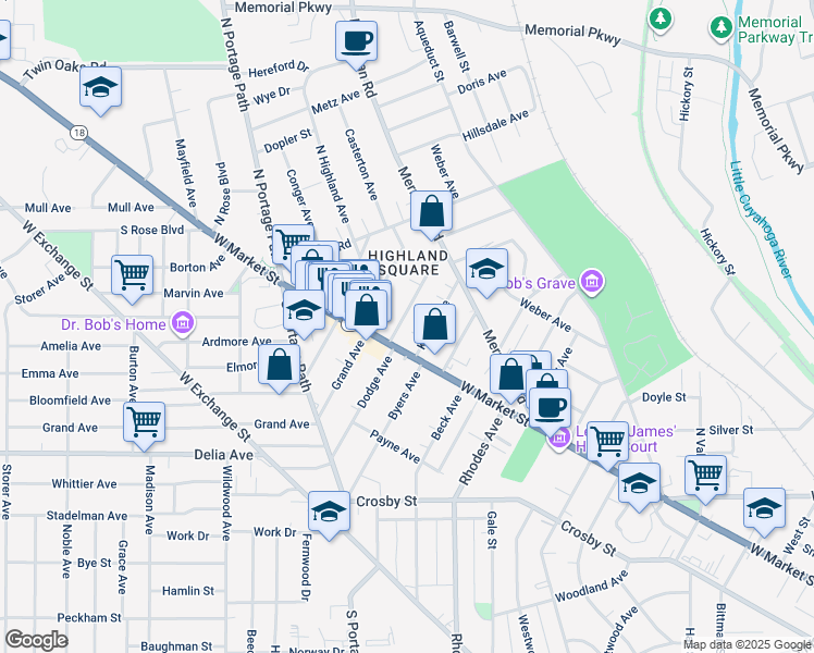 map of restaurants, bars, coffee shops, grocery stores, and more near 705 West Market Street in Akron