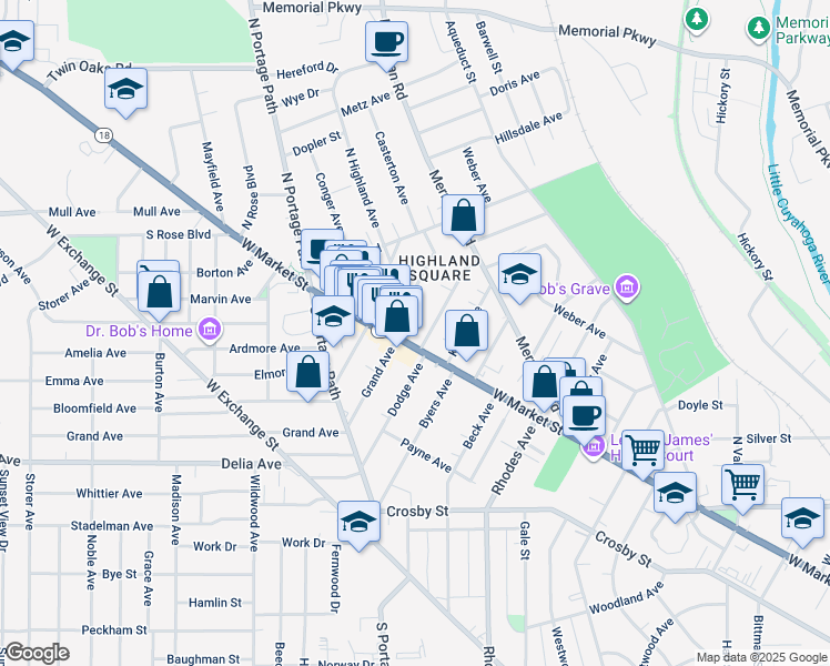 map of restaurants, bars, coffee shops, grocery stores, and more near in Akron