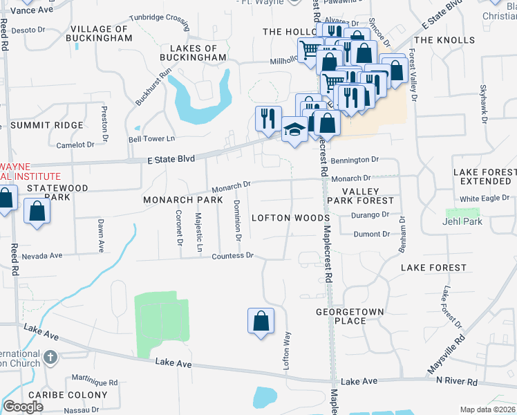 map of restaurants, bars, coffee shops, grocery stores, and more near 6026 Landover Pl in Fort Wayne