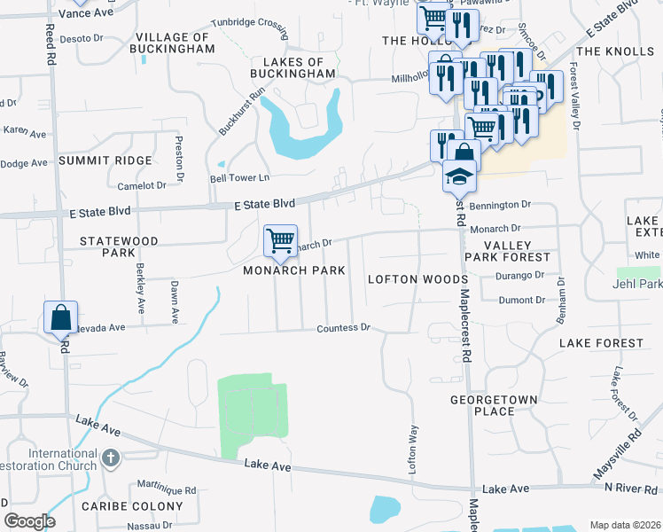 map of restaurants, bars, coffee shops, grocery stores, and more near 1912 Sovereign Drive in Fort Wayne