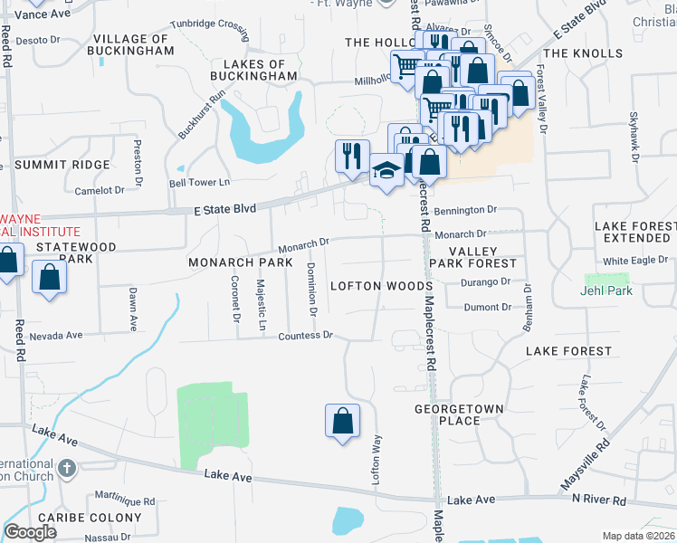 map of restaurants, bars, coffee shops, grocery stores, and more near 6026 Landover Pl in Fort Wayne