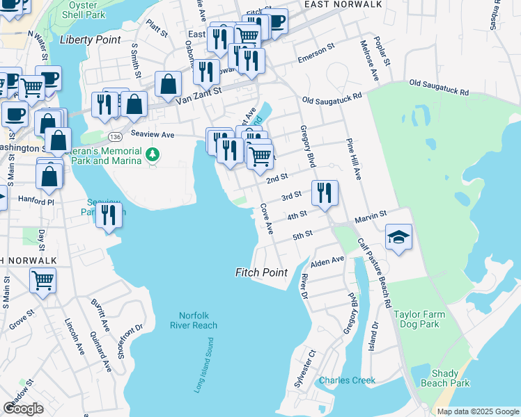 map of restaurants, bars, coffee shops, grocery stores, and more near 26 Cove Avenue in Norwalk