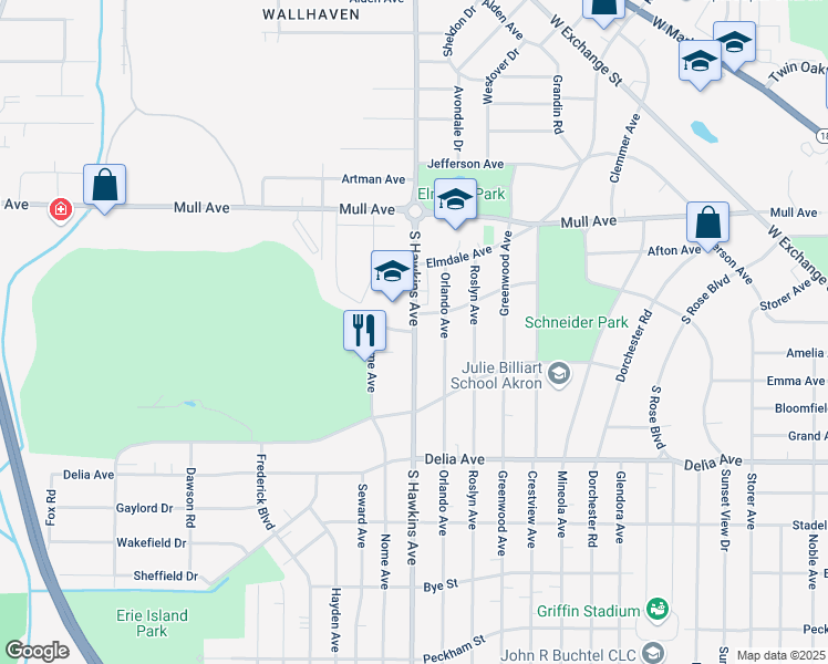 map of restaurants, bars, coffee shops, grocery stores, and more near 1591 West Sunset View Drive in Akron