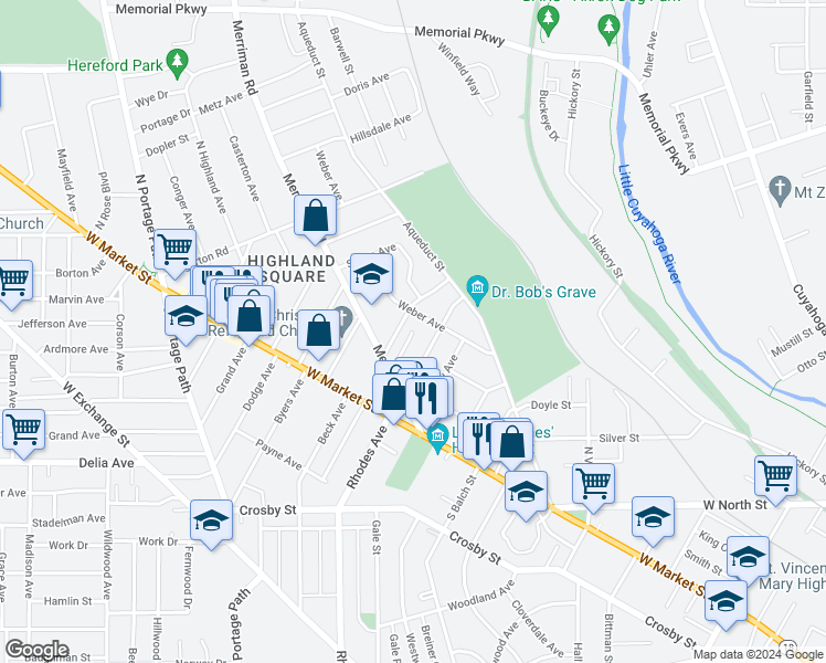 map of restaurants, bars, coffee shops, grocery stores, and more near 17 Neal Court in Akron