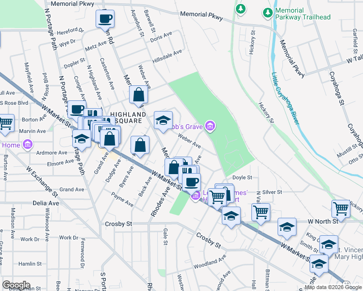 map of restaurants, bars, coffee shops, grocery stores, and more near 27 Neal Court in Akron