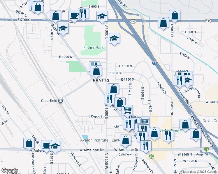 map of restaurants, bars, coffee shops, grocery stores, and more near 1021 1225 South in Clearfield