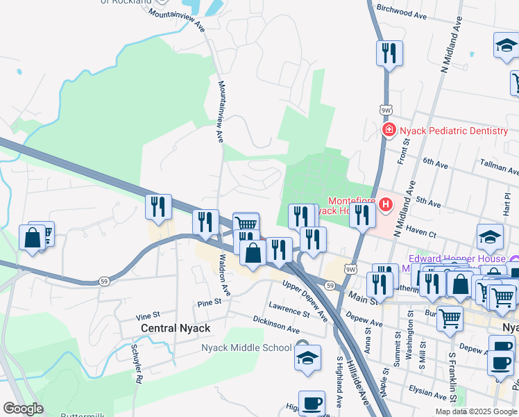 map of restaurants, bars, coffee shops, grocery stores, and more near 51 Mountainview Avenue in Nyack