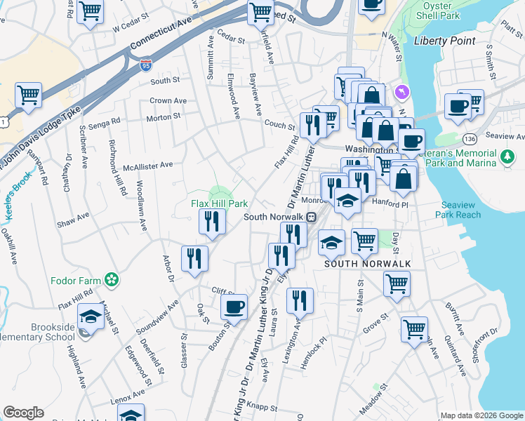 map of restaurants, bars, coffee shops, grocery stores, and more near 208 Flax Hill Road in Norwalk