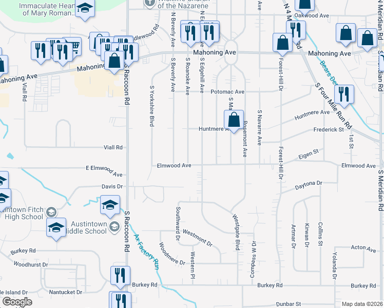 map of restaurants, bars, coffee shops, grocery stores, and more near 243 South Roanoke Avenue in Youngstown