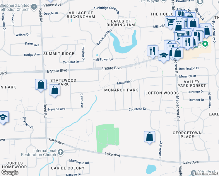 map of restaurants, bars, coffee shops, grocery stores, and more near 5534 Monarch Drive in Fort Wayne