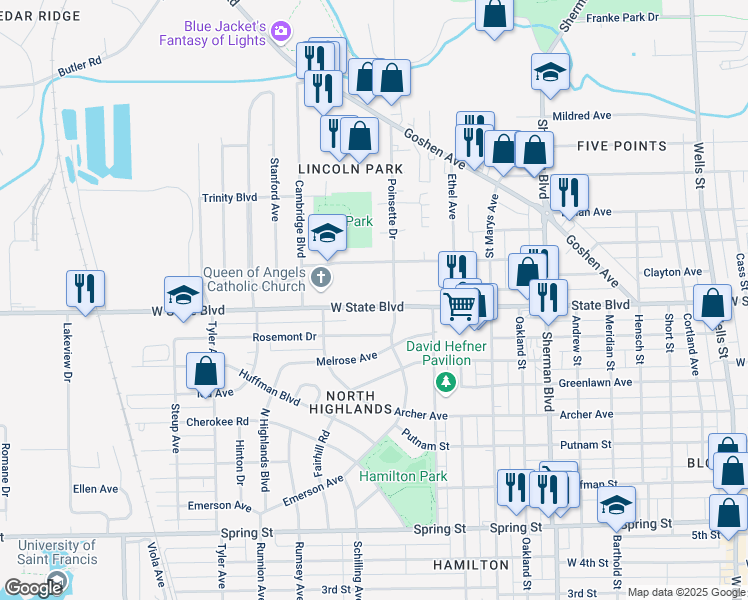 map of restaurants, bars, coffee shops, grocery stores, and more near 1424 West State Boulevard in Fort Wayne