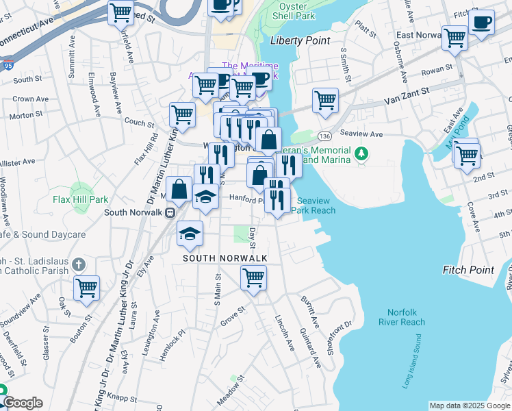 map of restaurants, bars, coffee shops, grocery stores, and more near 19 Day Street in Norwalk