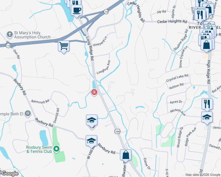 map of restaurants, bars, coffee shops, grocery stores, and more near 8 Barnes Road West in Stamford