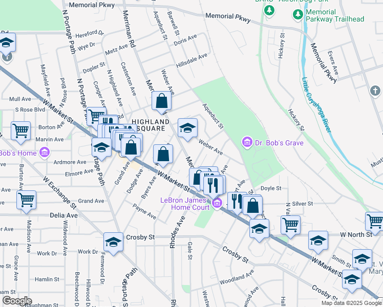 map of restaurants, bars, coffee shops, grocery stores, and more near in Akron