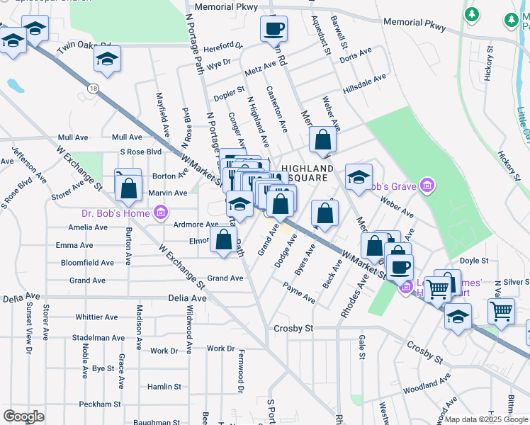 map of restaurants, bars, coffee shops, grocery stores, and more near 22 Grand Avenue in Akron