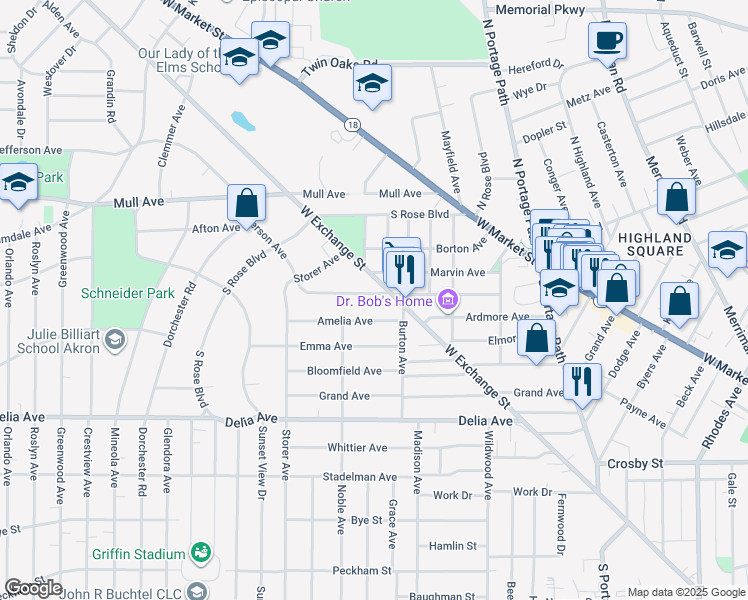 map of restaurants, bars, coffee shops, grocery stores, and more near 932 Amelia Avenue in Akron