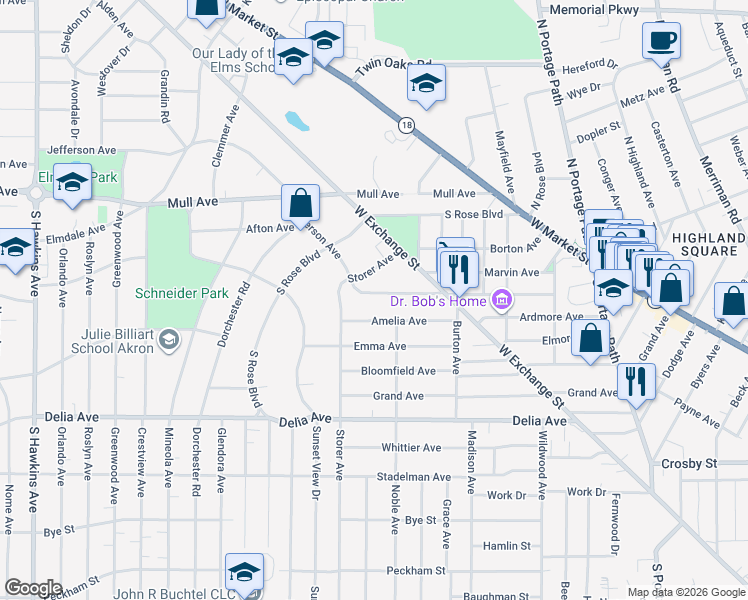 map of restaurants, bars, coffee shops, grocery stores, and more near 1010 Amelia Avenue in Akron