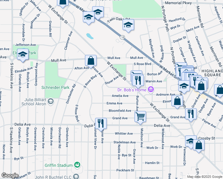 map of restaurants, bars, coffee shops, grocery stores, and more near 1010 Amelia Avenue in Akron