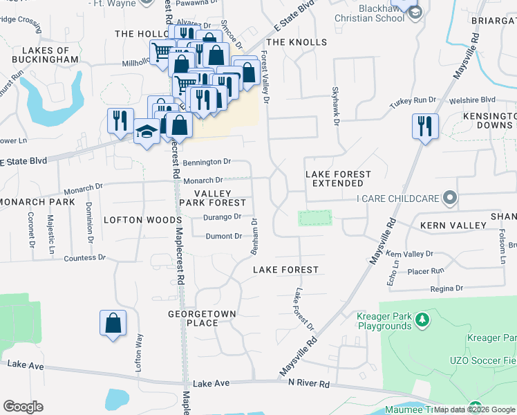map of restaurants, bars, coffee shops, grocery stores, and more near 1705 Forest Valley Drive in Fort Wayne