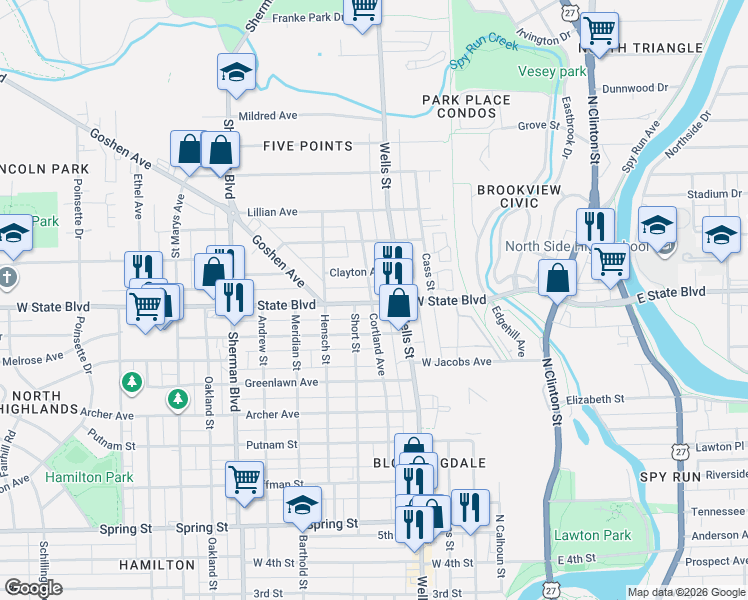 map of restaurants, bars, coffee shops, grocery stores, and more near 2216 Cortland Avenue in Fort Wayne