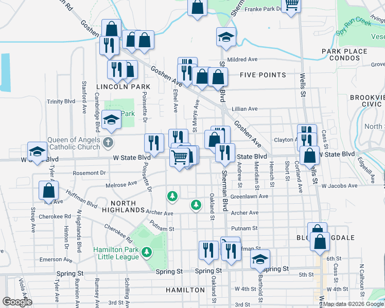 map of restaurants, bars, coffee shops, grocery stores, and more near 1101 West State Boulevard in Fort Wayne