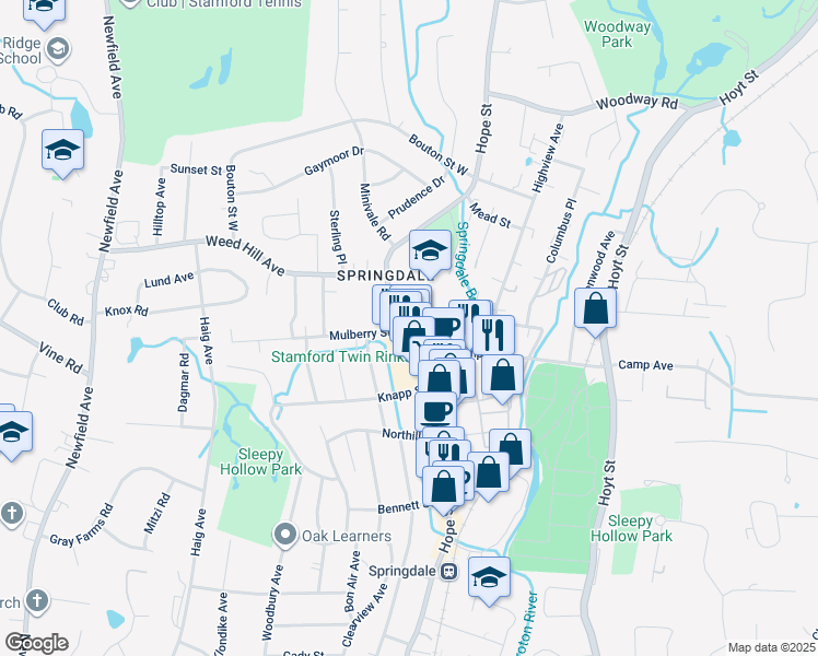 map of restaurants, bars, coffee shops, grocery stores, and more near 1103 Hope Street in Stamford