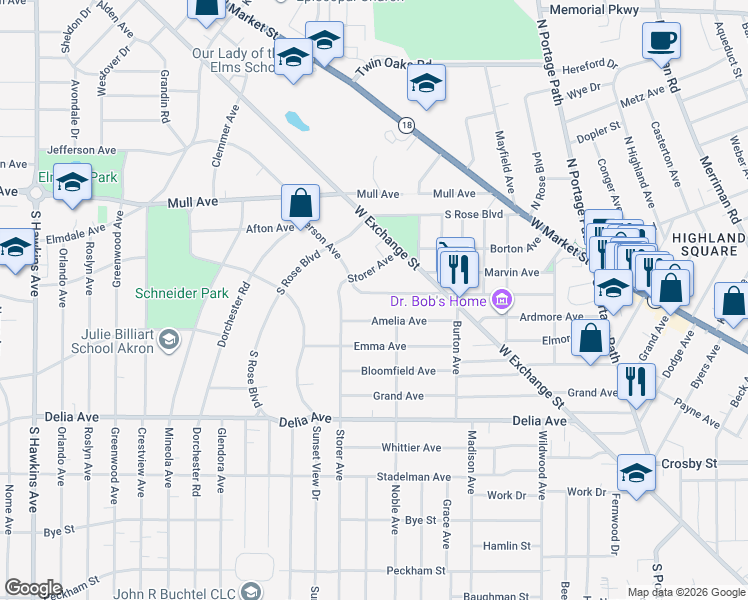 map of restaurants, bars, coffee shops, grocery stores, and more near 1010 Amelia Avenue in Akron