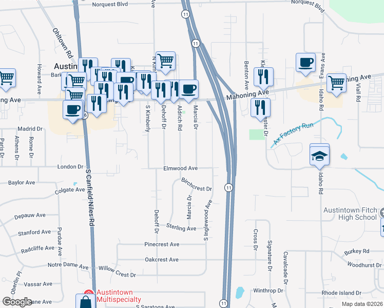 map of restaurants, bars, coffee shops, grocery stores, and more near 175 Aldrich Road in Youngstown