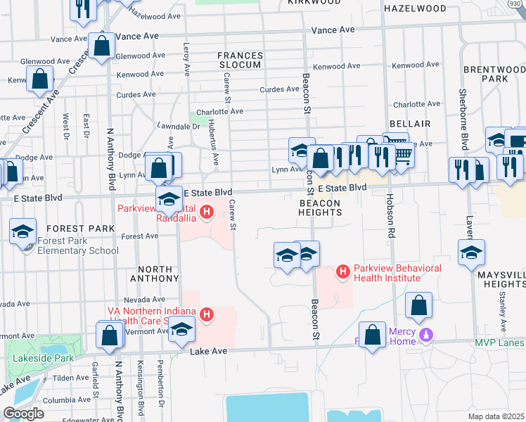 map of restaurants, bars, coffee shops, grocery stores, and more near 2500 East State Boulevard in Fort Wayne