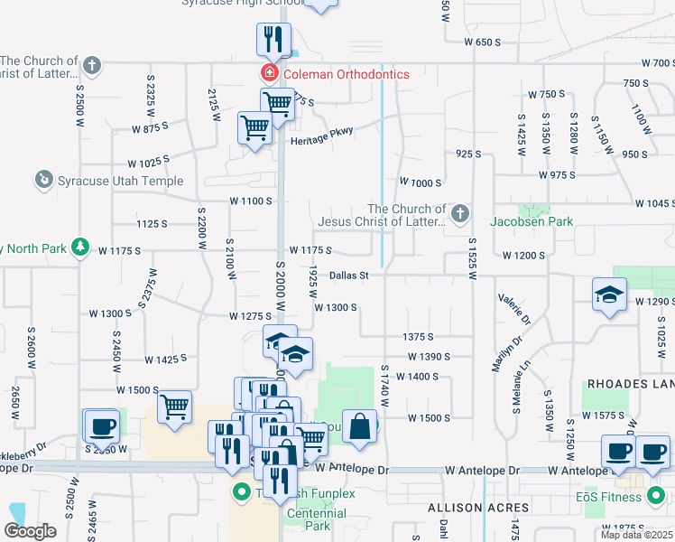 map of restaurants, bars, coffee shops, grocery stores, and more near 1862 West 1225 South in Syracuse