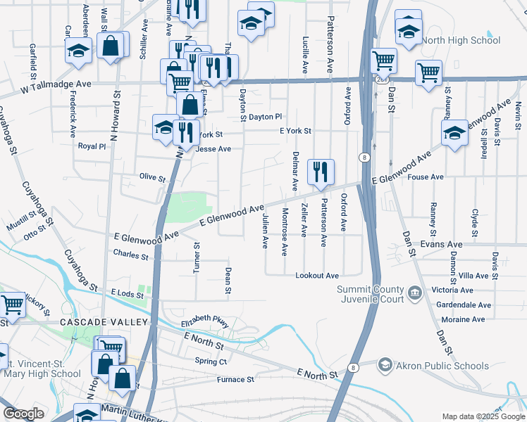 map of restaurants, bars, coffee shops, grocery stores, and more near 266 East Glenwood Avenue in Akron
