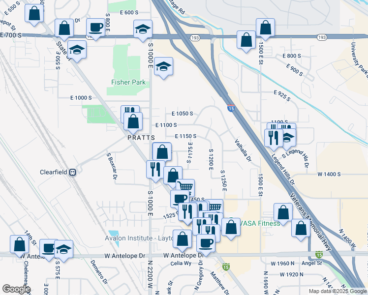 map of restaurants, bars, coffee shops, grocery stores, and more near 1286 South 1175 East in Clearfield