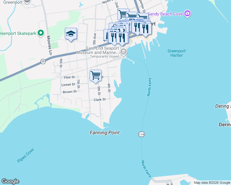 map of restaurants, bars, coffee shops, grocery stores, and more near 417 Clark Street in Greenport