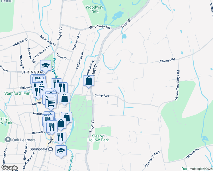 map of restaurants, bars, coffee shops, grocery stores, and more near 23 Wakemore Street in Darien