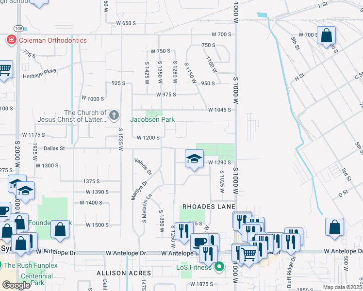 map of restaurants, bars, coffee shops, grocery stores, and more near 1206 Dallas Street in Syracuse
