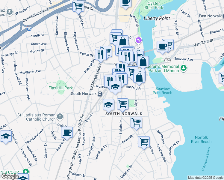map of restaurants, bars, coffee shops, grocery stores, and more near 1 Chestnut Street in Norwalk