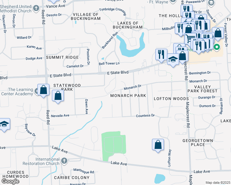 map of restaurants, bars, coffee shops, grocery stores, and more near 5534 Monarch Drive in Fort Wayne